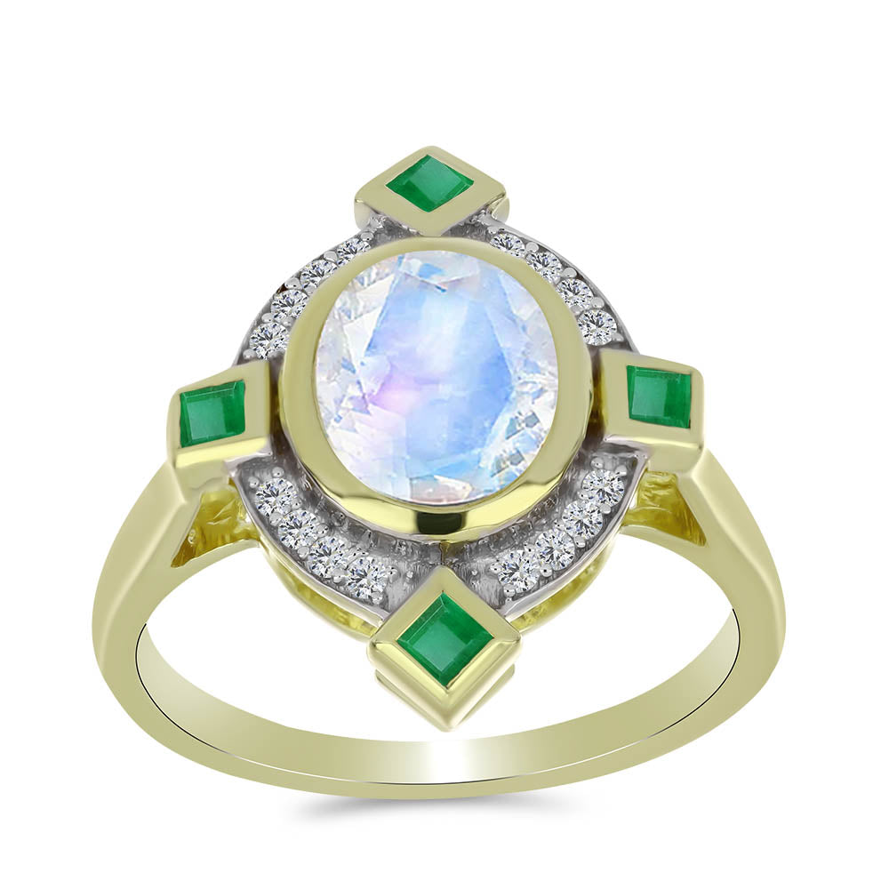 Anillo de Plata Bañada en Oro con Piedra Lunar Arco Iris y Esmeralda de Brasil