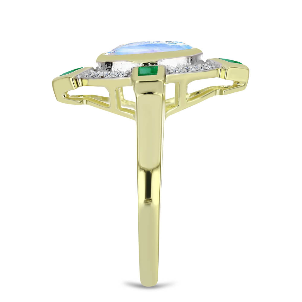 Anillo de Plata Bañada en Oro con Piedra Lunar Arco Iris y Esmeralda de Brasil 4 