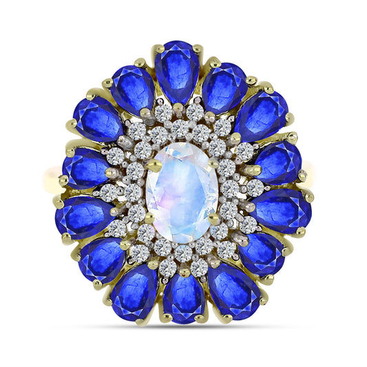 Anillo de Plata Bañada en Oro con Piedra Lunar Arco Iris y Zafiro Azul Australiano