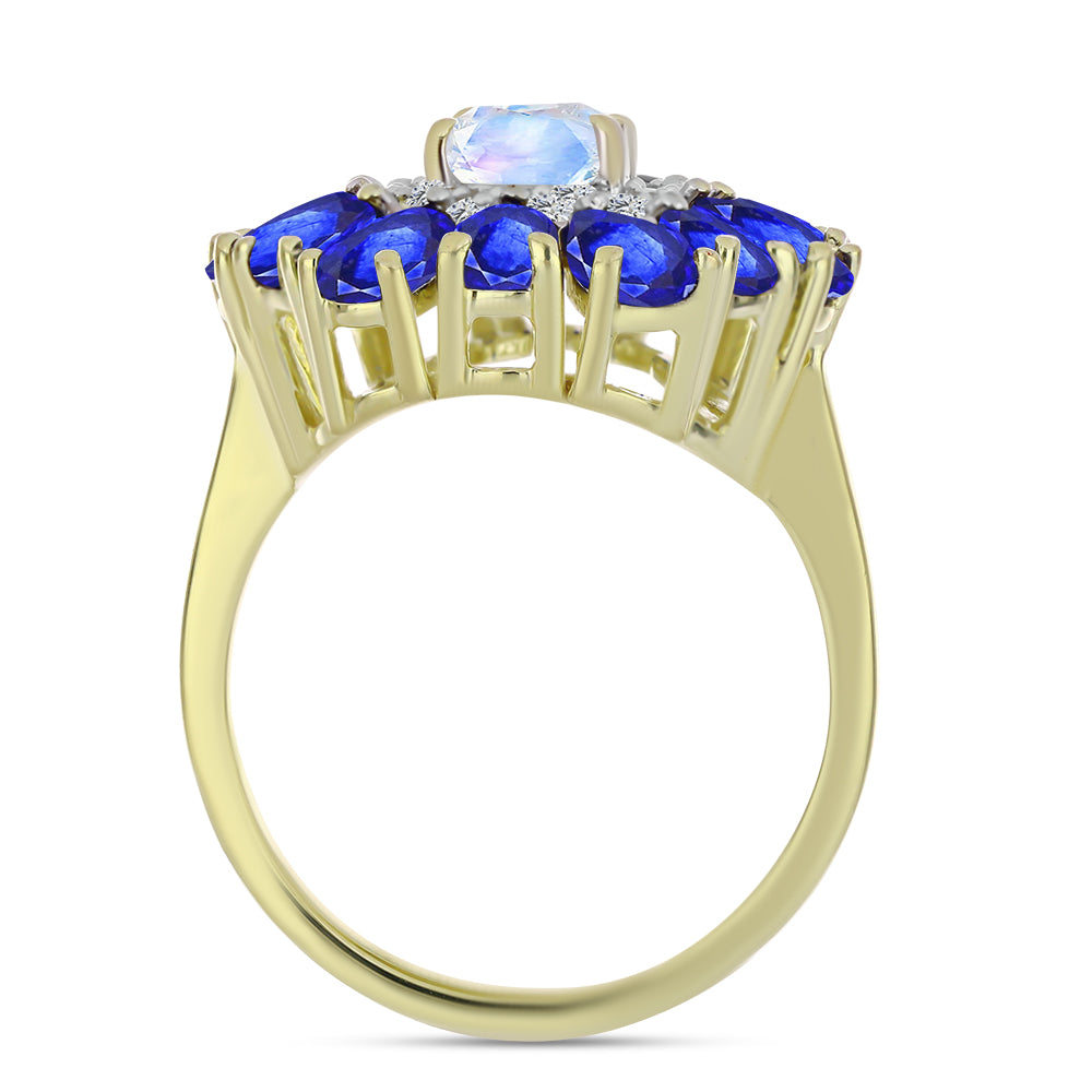 Anillo de Plata Bañada en Oro con Piedra Lunar Arco Iris y Zafiro Azul Australiano