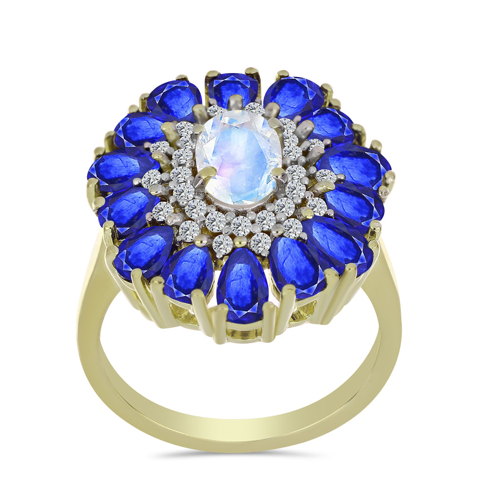 Anillo de Plata Bañada en Oro con Piedra Lunar Arco Iris y Zafiro Azul Australiano