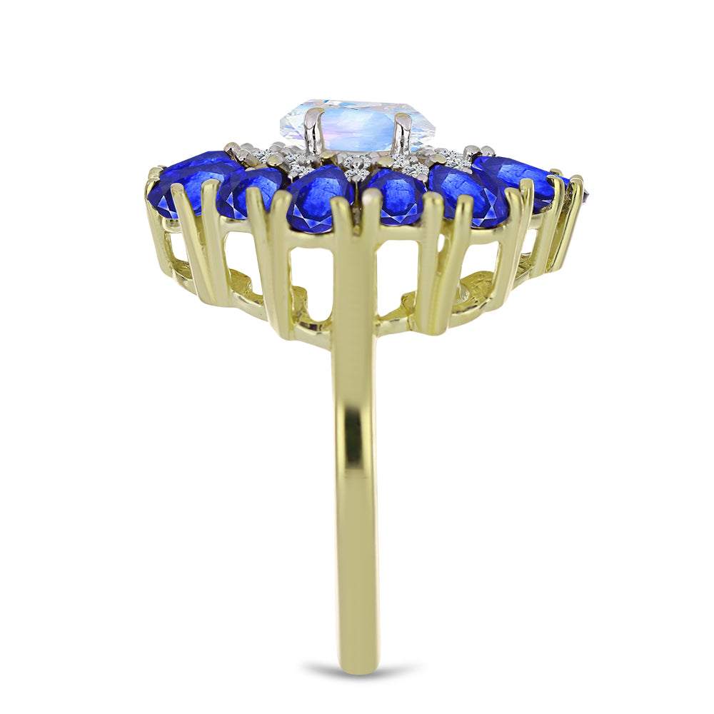 Anillo de Plata Bañada en Oro con Piedra Lunar Arco Iris y Zafiro Azul Australiano 4 