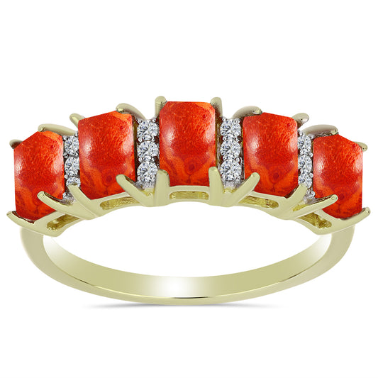 Anillo de Plata Bañada en Oro con Coral de Esponja Roja y Topacio Blanco
