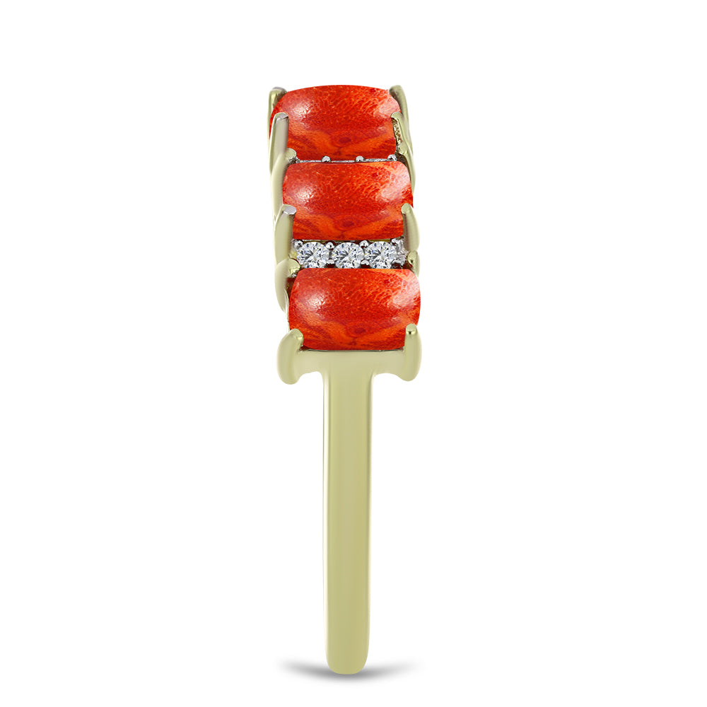Anillo de Plata Bañada en Oro con Coral de Esponja Roja y Topacio Blanco 4 