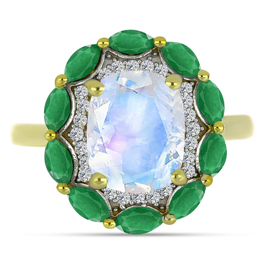 Anillo de Plata Bañada en Oro con Piedra Lunar Arco Iris y Esmeralda de Brasil