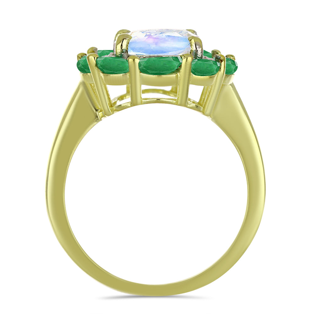 Anillo de Plata Bañada en Oro con Piedra Lunar Arco Iris y Esmeralda de Brasil 2 