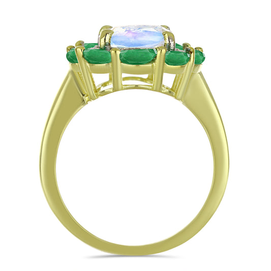 Anillo de Plata Bañada en Oro con Piedra Lunar Arco Iris y Esmeralda de Brasil