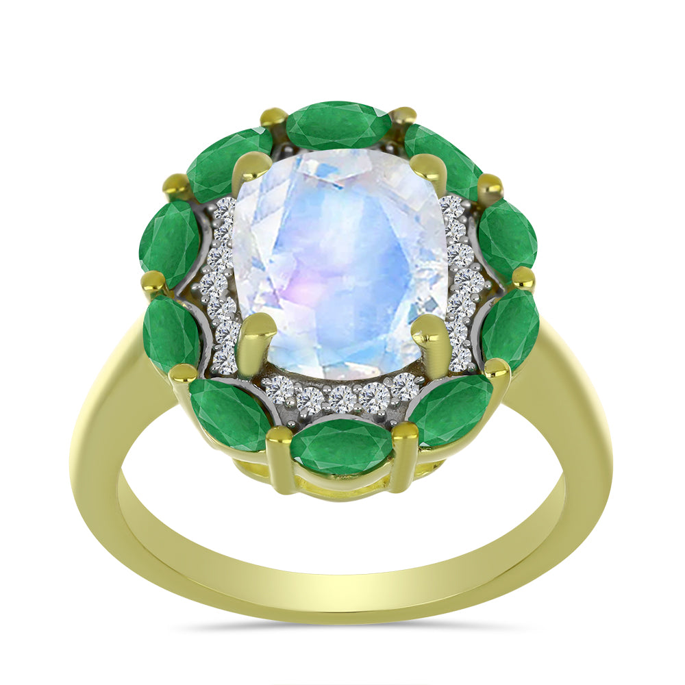 Anillo de Plata Bañada en Oro con Piedra Lunar Arco Iris y Esmeralda de Brasil 3 