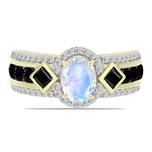 Anillo de Plata Bañada en Oro con Piedra Lunar Arco Iris y Espinela Negra