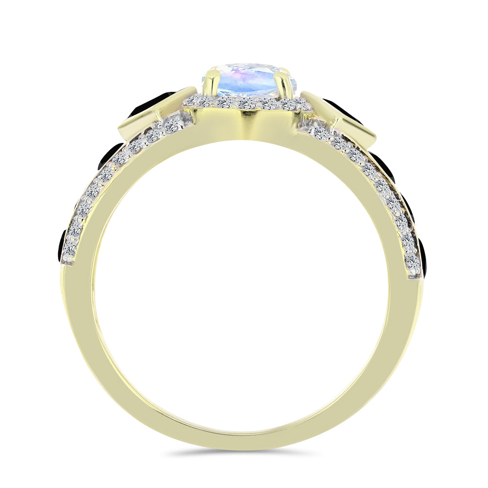 Anillo de Plata Bañada en Oro con Piedra Lunar Arco Iris y Espinela Negra