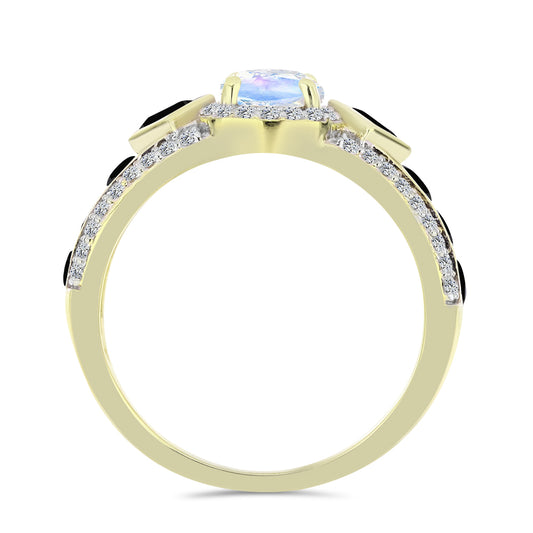 Anillo de Plata Bañada en Oro con Piedra Lunar Arco Iris y Espinela Negra
