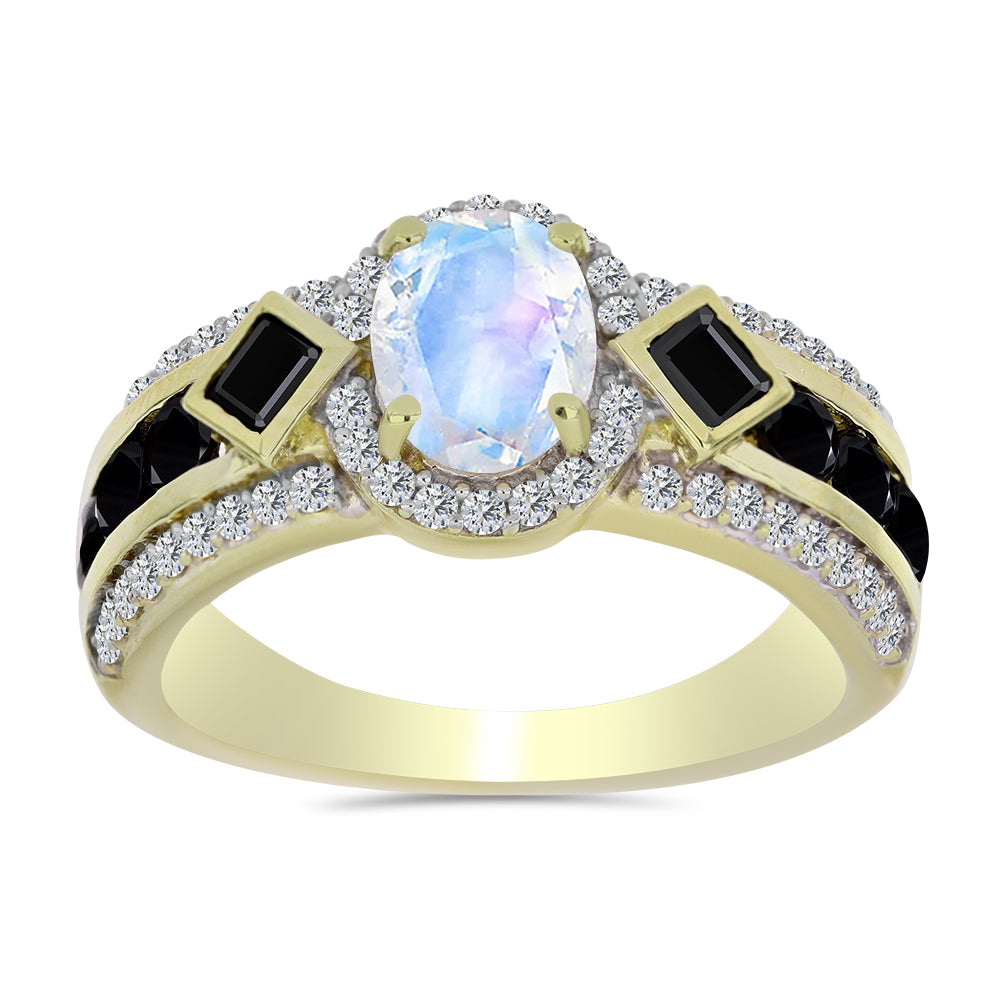 Anillo de Plata Bañada en Oro con Piedra Lunar Arco Iris y Espinela Negra