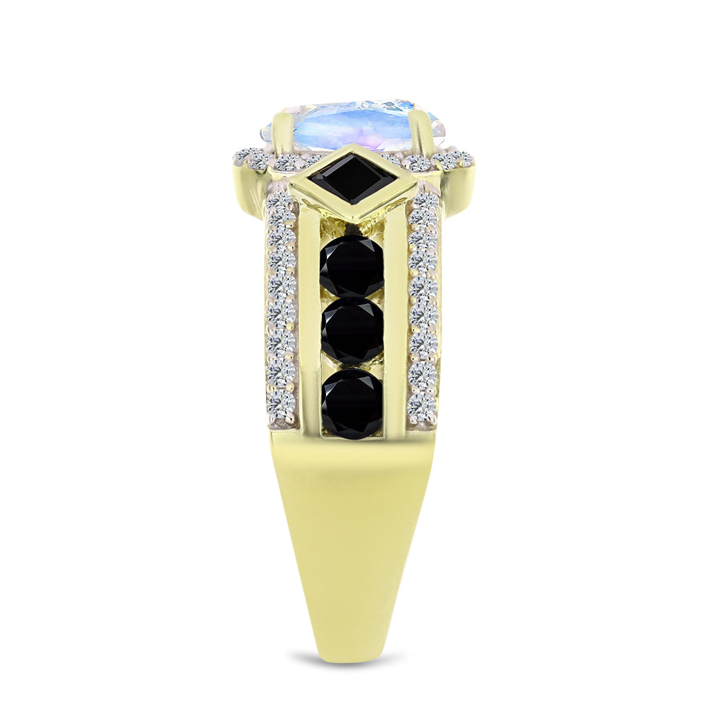 Anillo de Plata Bañada en Oro con Piedra Lunar Arco Iris y Espinela Negra 4 
