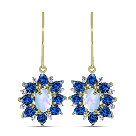 Pendientes de Plata Bañada en Oro con Piedra Lunar Arco Iris y Zafiro Azul Australiano