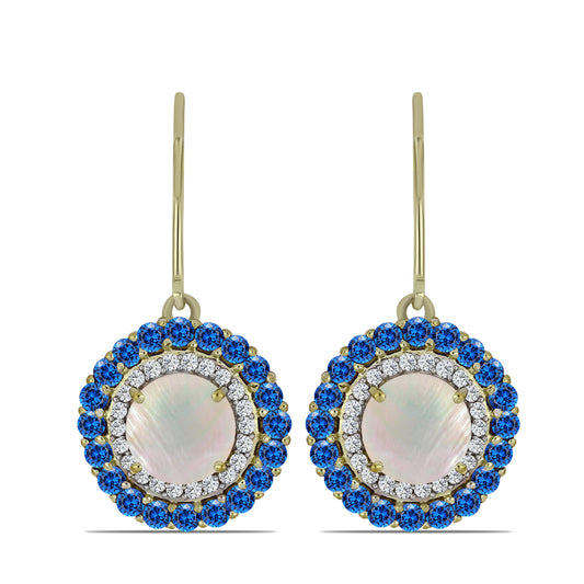 Pendientes de Plata Bañada en Oro con Piedra Lunar Arco Iris y Zafiro Azul Australiano