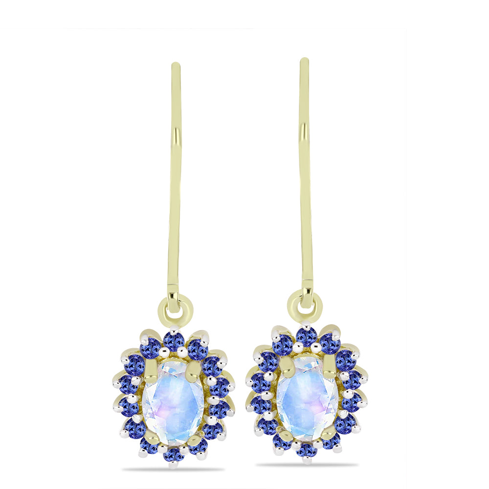 Pendientes de Plata Bañada en Oro con Piedra Lunar Arco Iris y Tanzanita