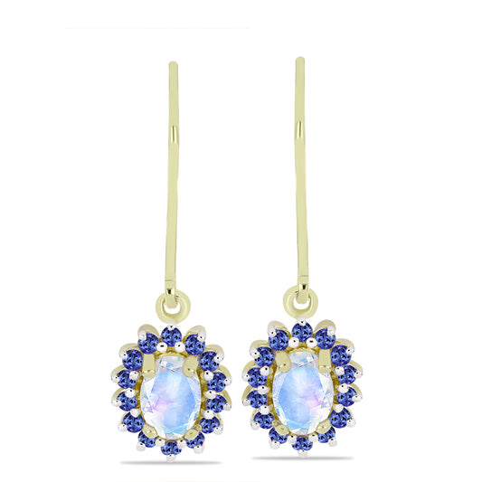 Pendientes de Plata Bañada en Oro con Piedra Lunar Arco Iris y Tanzanita