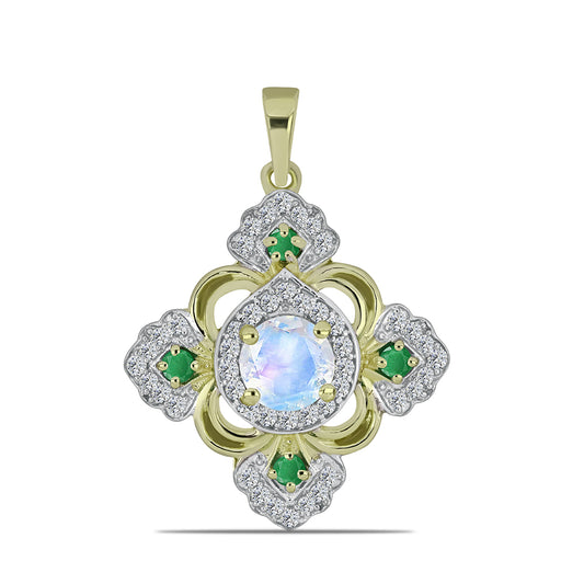 Colgante de Plata Bañada en Oro con Piedra Lunar Arco Iris y Esmeralda de Brasil