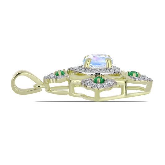 Colgante de Plata Bañada en Oro con Piedra Lunar Arco Iris y Esmeralda de Brasil