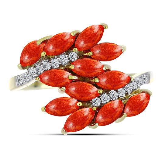 Anillo de Plata Bañada en Oro con Coral de Esponja Roja y Topacio Blanco