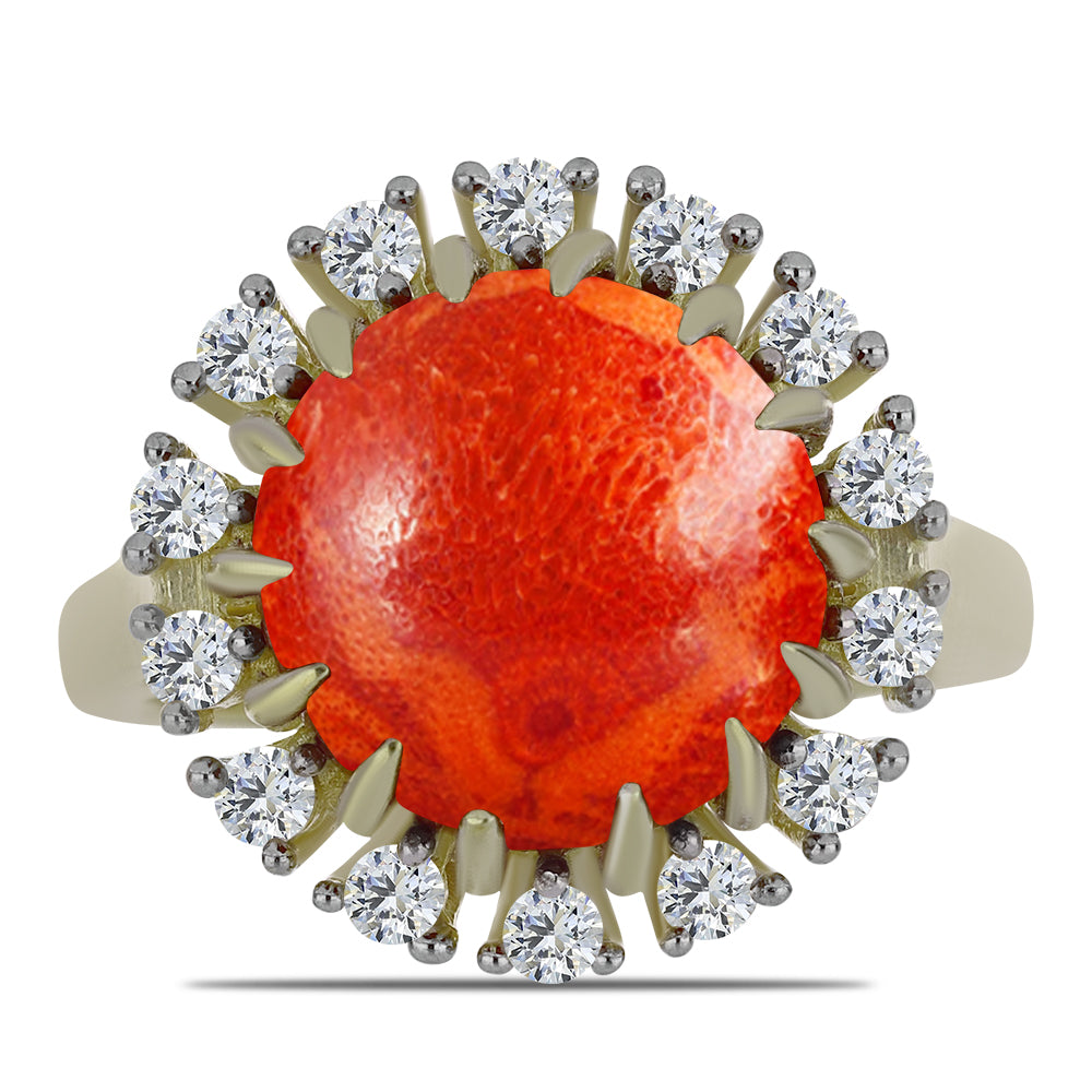 Anillo de Plata Bañada en Oro con Coral de Esponja Roja y Topacio Blanco