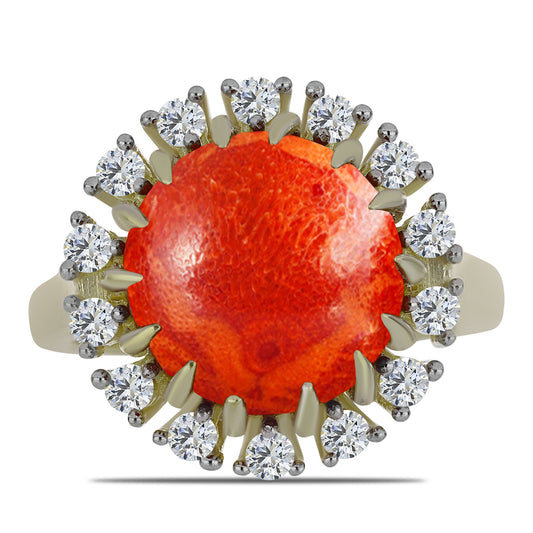 Anillo de Plata Bañada en Oro con Coral de Esponja Roja y Topacio Blanco