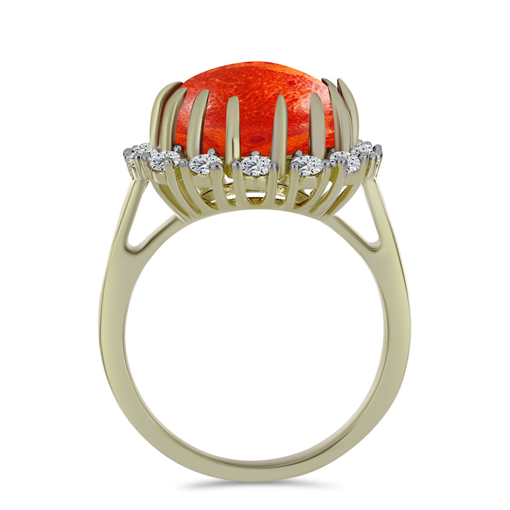 Anillo de Plata Bañada en Oro con Coral de Esponja Roja y Topacio Blanco 2 