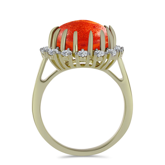 Anillo de Plata Bañada en Oro con Coral de Esponja Roja y Topacio Blanco