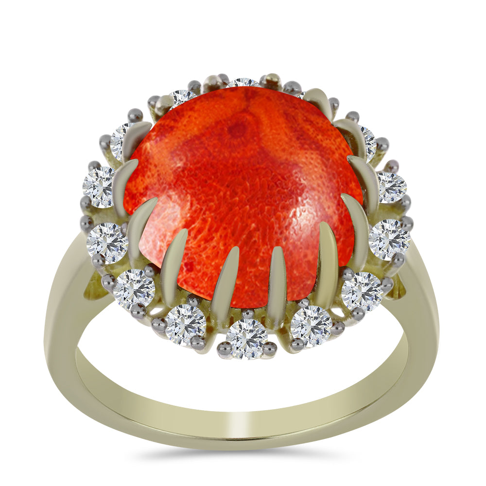 Anillo de Plata Bañada en Oro con Coral de Esponja Roja y Topacio Blanco