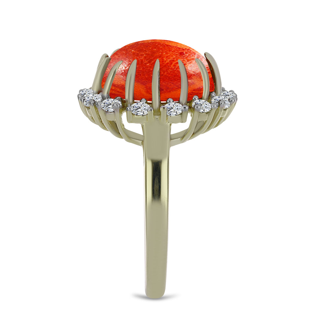 Anillo de Plata Bañada en Oro con Coral de Esponja Roja y Topacio Blanco