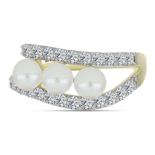 Anillo de Plata Bañada en Oro con Perla blanca de agua dulce y Topacio Blanco