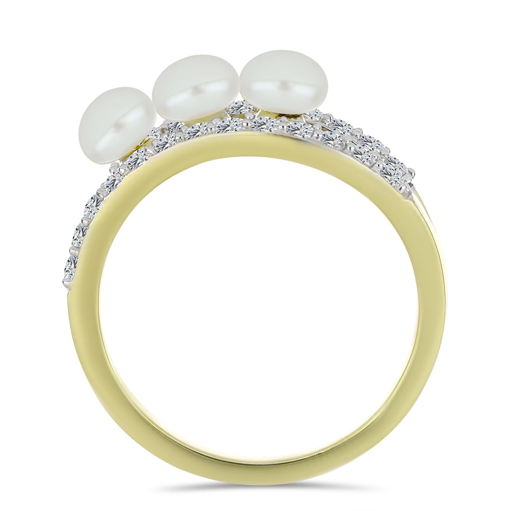 Anillo de Plata Bañada en Oro con Perla blanca de agua dulce y Topacio Blanco 3 