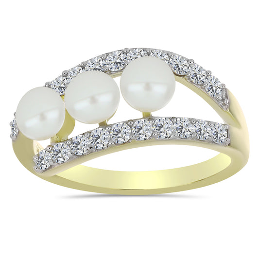 Anillo de Plata Bañada en Oro con Perla blanca de agua dulce y Topacio Blanco