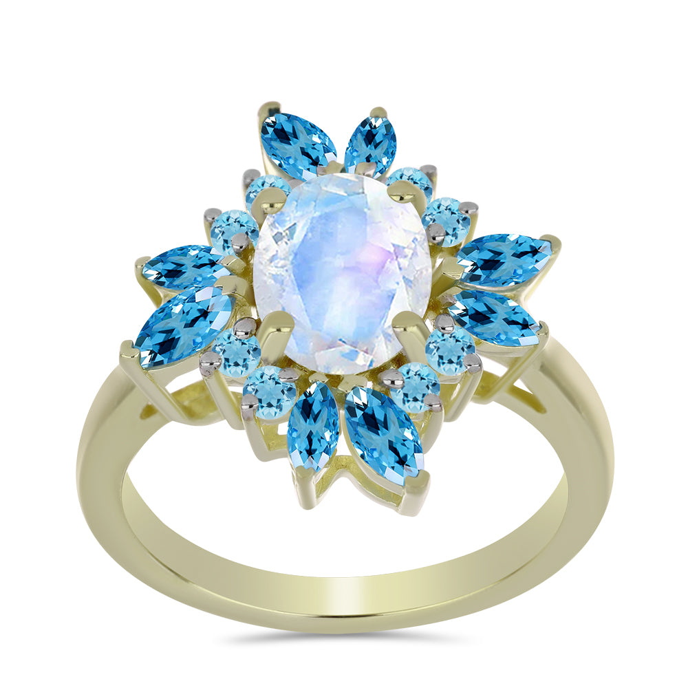 Anillo de Plata Bañada en Oro con Piedra Lunar Arco Iris y Topacio Azul Suizo