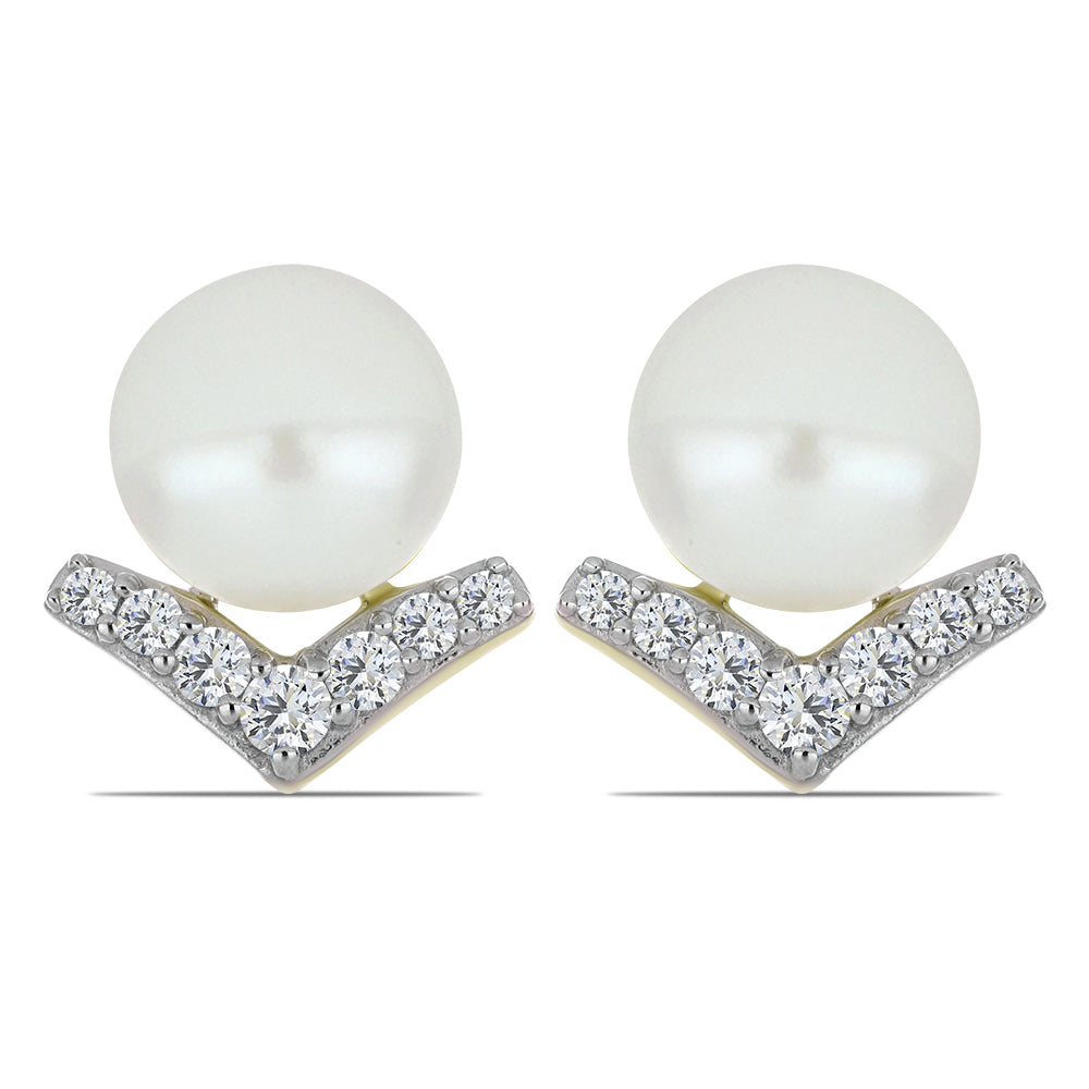 Pendientes de Plata Bañada en Oro con Perla blanca de agua dulce y Topacio Blanco 1 