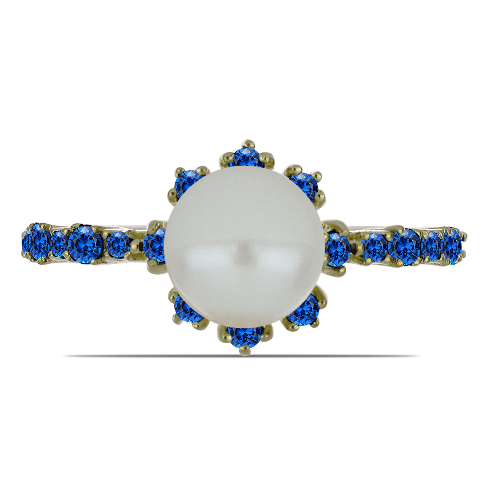 Anillo de Plata Bañada en Oro con Perla blanca de agua dulce y Zafiro Azul Australiano