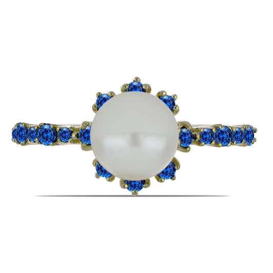 Anillo de Plata Bañada en Oro con Perla blanca de agua dulce y Zafiro Azul Australiano
