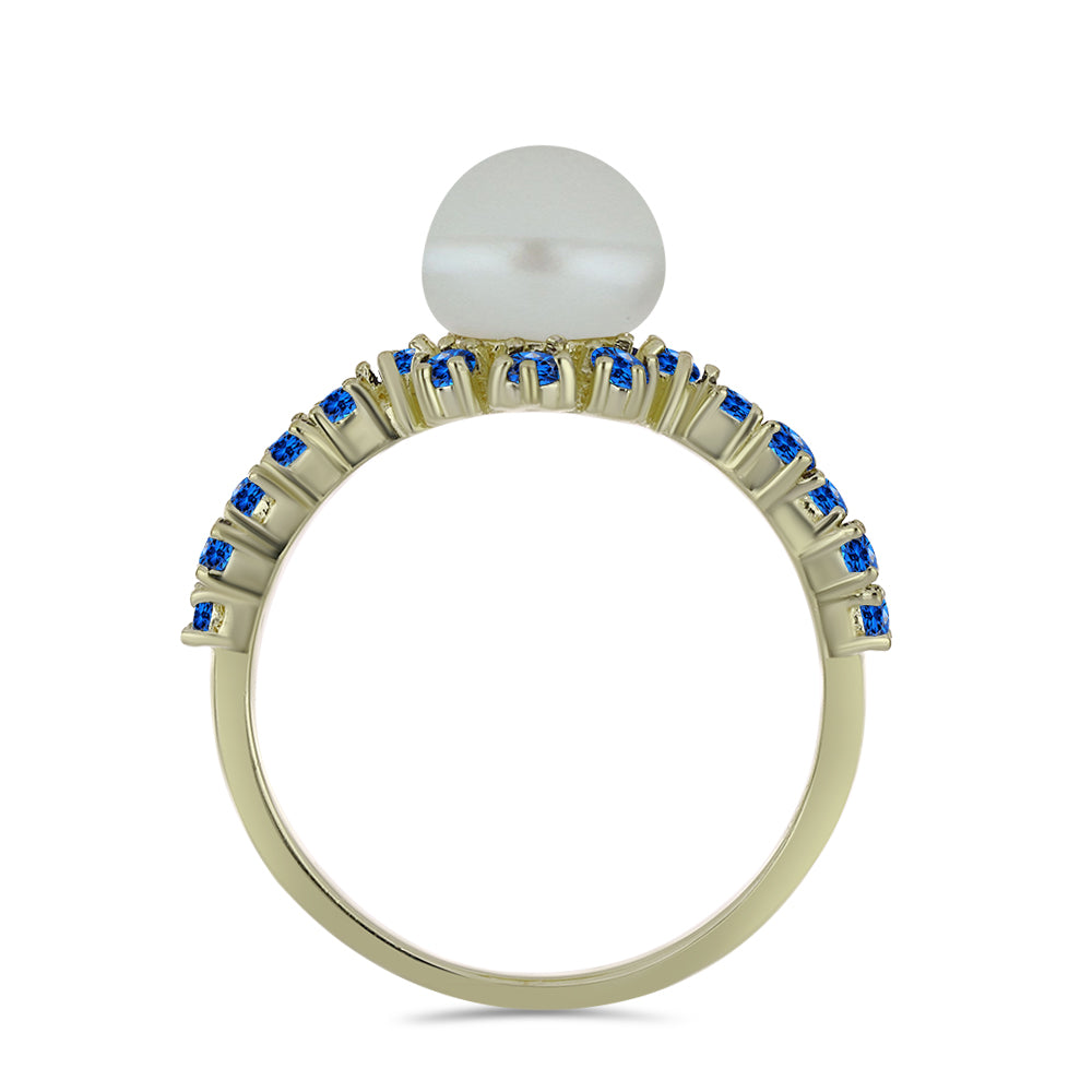 Anillo de Plata Bañada en Oro con Perla blanca de agua dulce y Zafiro Azul Australiano 2 