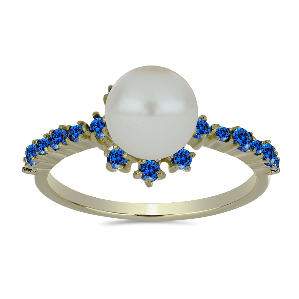 Anillo de Plata Bañada en Oro con Perla blanca de agua dulce y Zafiro Azul Australiano 3 