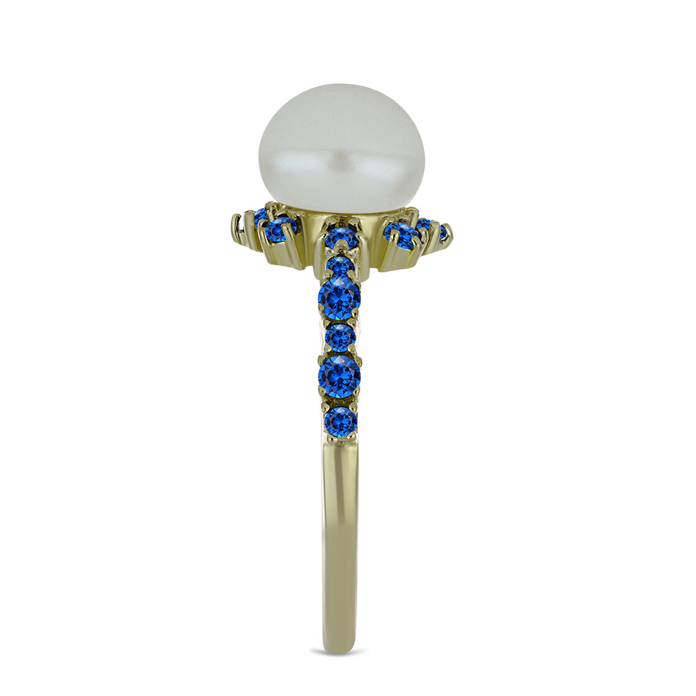Anillo de Plata Bañada en Oro con Perla blanca de agua dulce y Zafiro Azul Australiano 4 