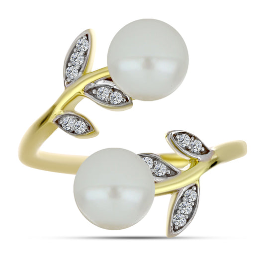 Anillo de Plata Bañada en Oro con Perla blanca de agua dulce y Topacio Blanco