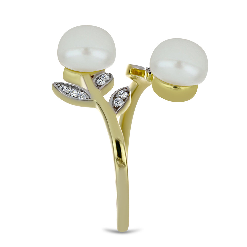 Anillo de Plata Bañada en Oro con Perla blanca de agua dulce y Topacio Blanco