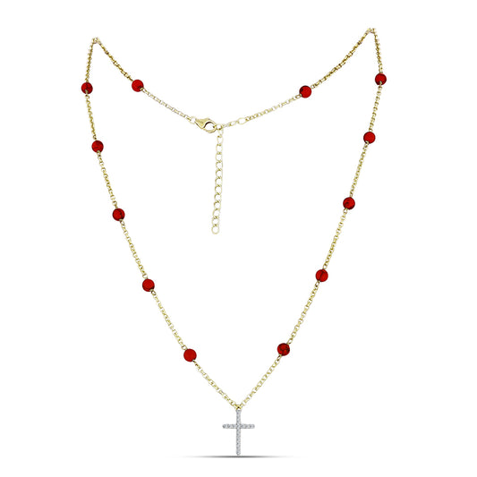 Collar de Plata Bañada en Oro con Coral de Esponja Roja y Topacio Blanco