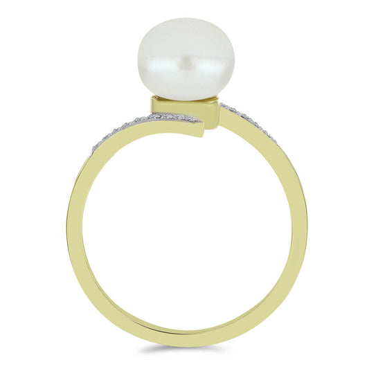 Anillo de Plata Bañada en Oro con Perla blanca de agua dulce y Topacio Blanco