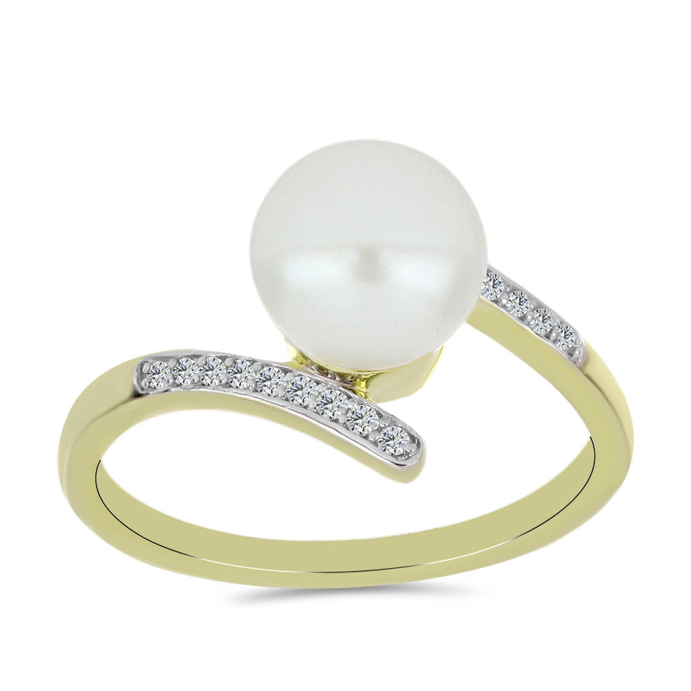 Anillo de Plata Bañada en Oro con Perla blanca de agua dulce y Topacio Blanco 3 