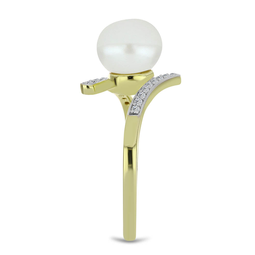 Anillo de Plata Bañada en Oro con Perla blanca de agua dulce y Topacio Blanco 4 