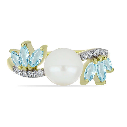 Anillo de Plata Bañada en Oro con Perla blanca de agua dulce y Aguamarina