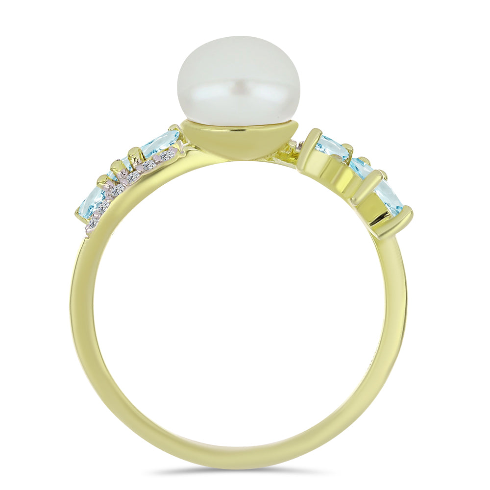 Anillo de Plata Bañada en Oro con Perla blanca de agua dulce y Aguamarina