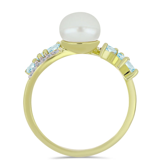 Anillo de Plata Bañada en Oro con Perla blanca de agua dulce y Aguamarina
