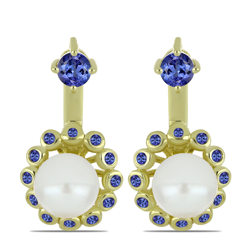 Pendientes de Plata Bañada en Oro con Perla blanca de agua dulce y Tanzanita